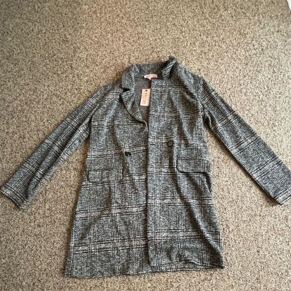 Women's Plaid Pea Coat Jacket Black Button Front Pockets Size M - Picture 1 of 3